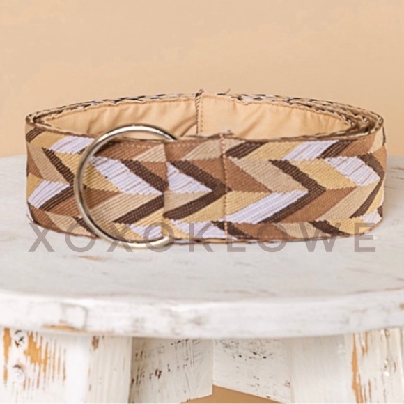 POL Brown & Cream Chevron Textured Cloth O Ring Belt - Picture 6 of 8